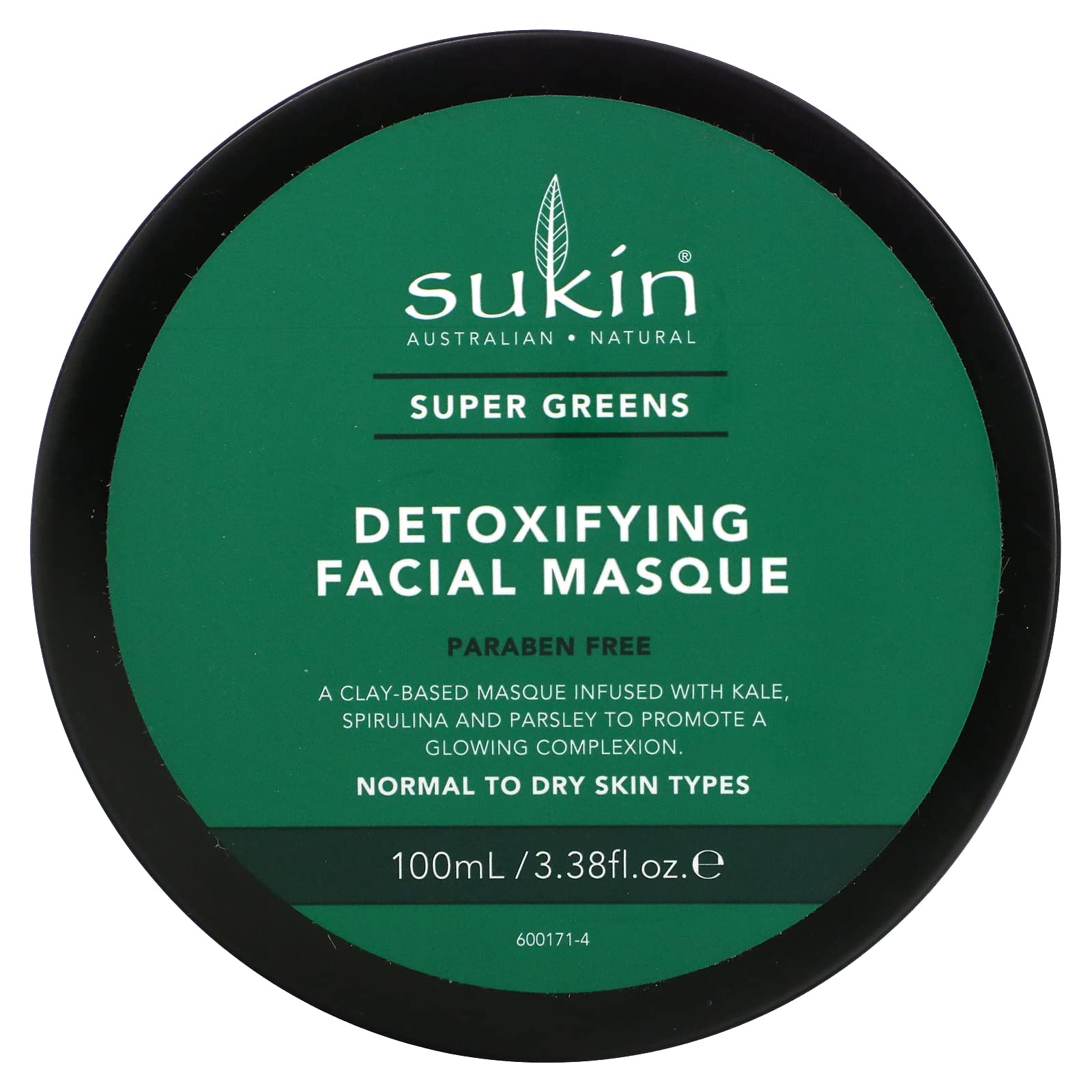 Sukin Super Greens Detoxifying Clay Masque 100ml - with Goji Berry, Avocado & Baobab; cruelty free & vegan friendly - detoxes & brightens the complexion.