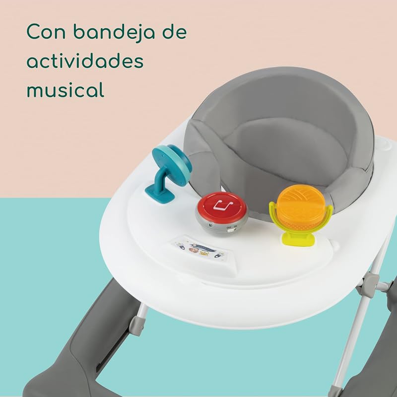 Explorer, Andador bebé, Primeros pasos, 3 alturas regulables, Centro de actividades con 12 melodías, Asiento acolchado, Base antivuelco, Para niños 6 meses – 12 kg, Grey Mist