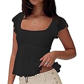 Women Square Neck Peplum Top Y2k Cap Sleeve Layered Ruffle Trim Printed Top Lace Up Slim Fit Solid Color Shirt