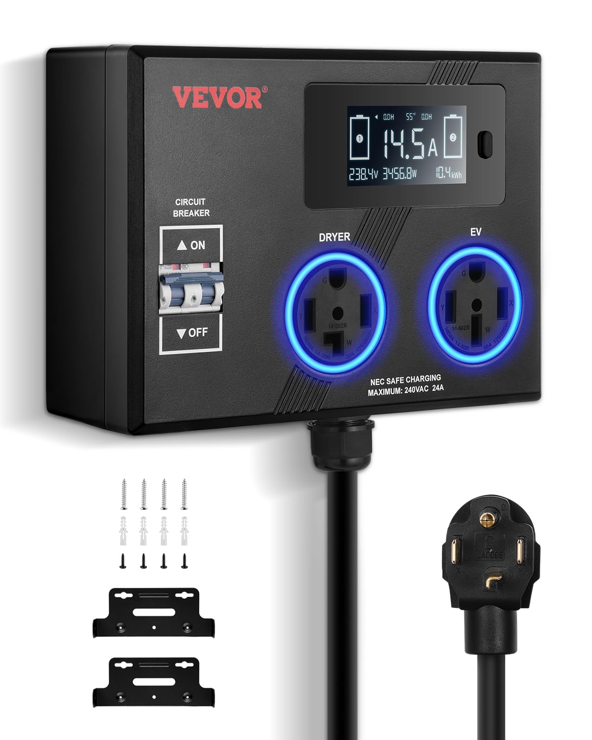 Photo 1 of VEVOR NEMA Splitter for Dryer and EV, 3-Color LED Indicator, 240V Smart Power Distribution, with NEMA 14-30 Plug, NEMA 14-30 & NEMA 14-50 Outlets, Large 3.4'' LCD Screen, Max 27A (Dryer)/24A (EV)