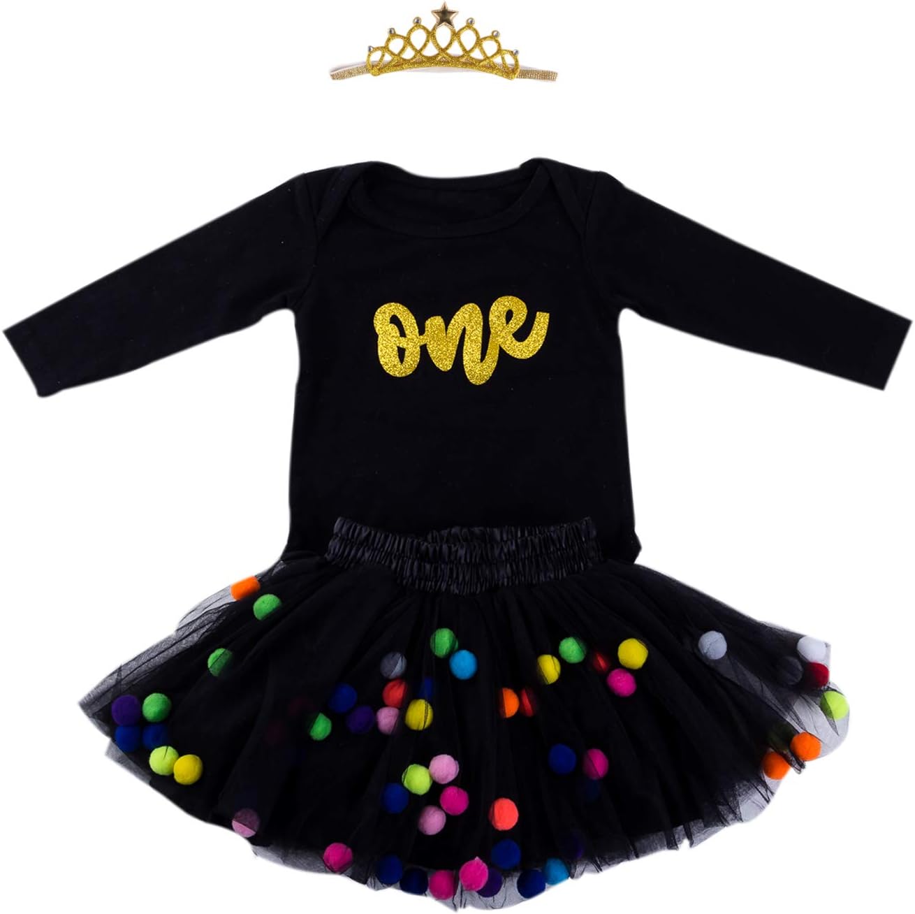 Baby Girls 1st Birthday Outfit Glitter One Romper Balls Skirt Crown Headband