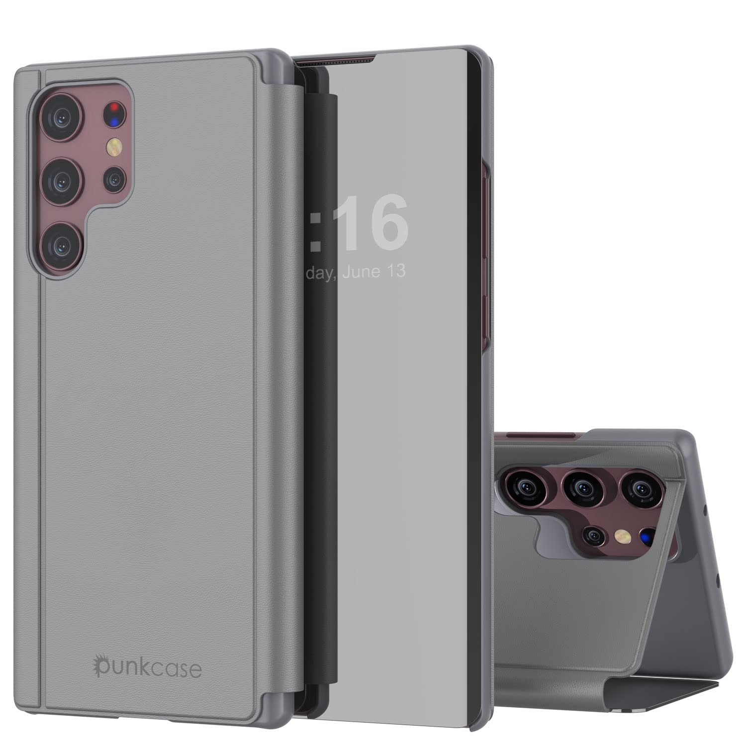 Punkcase S22 Ultra Reflector Case Protective Flip Cover W/Scratch Resistant Translucent Mirror Front & Non-Slip PU Leather Back Integrated Kickstand for Galaxy S22 Ultra 5G (6.8") (2022) (Silver)
