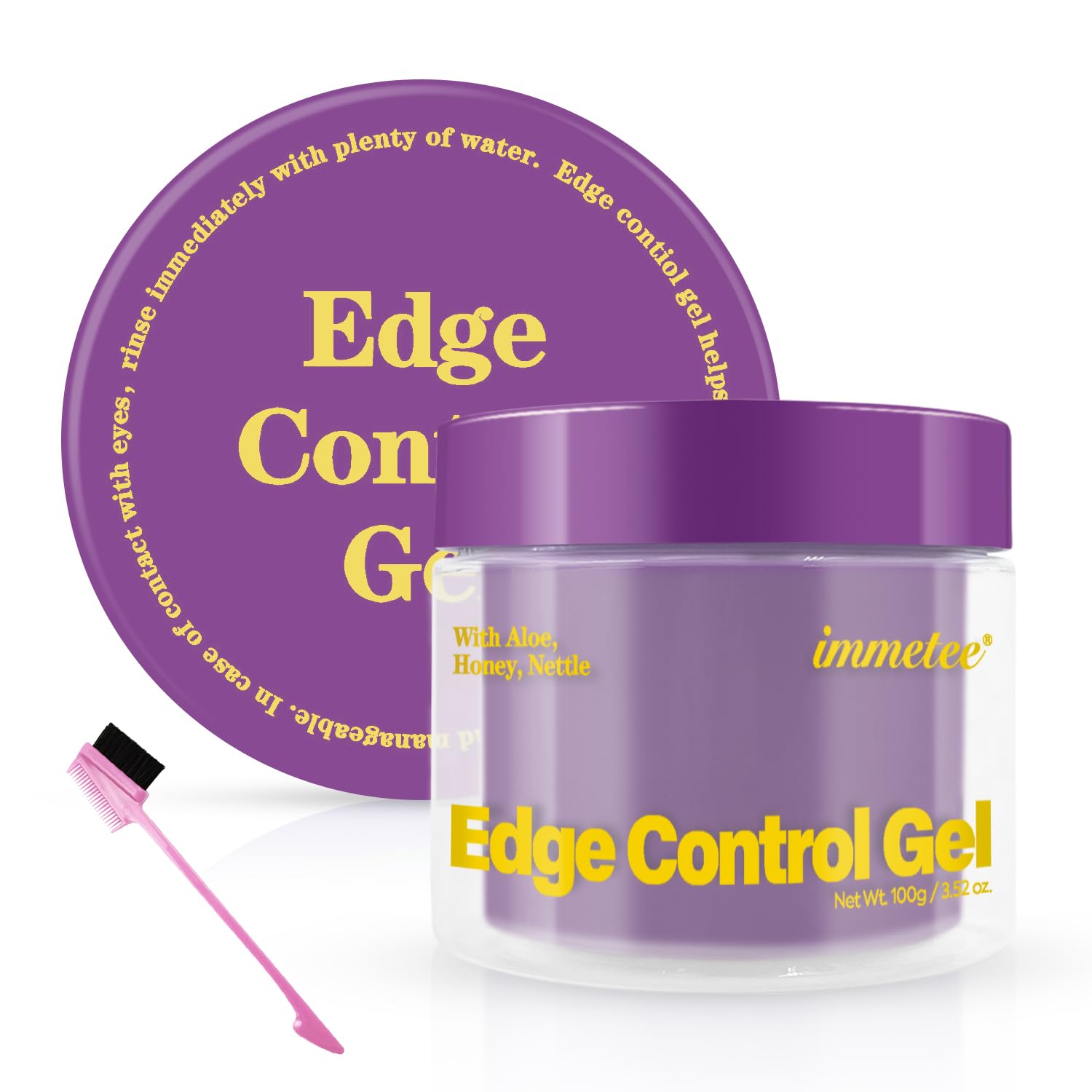 immetee Edge Control Gel with Brush, Hair Styling Gel Flyaway Hair Tamer for Afro Hair.（100g,3.52 oz） (Purple-Grapes)