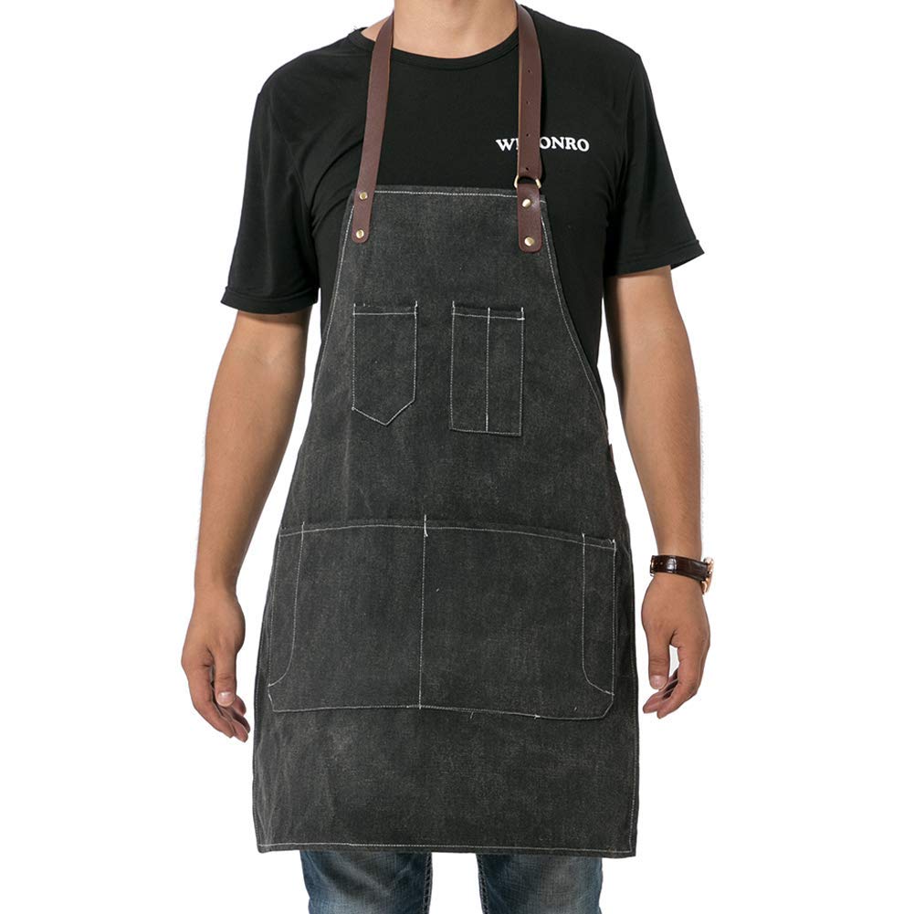 QCWN Waxed Canvas Apron Thick Heavy Duty Tool Apron Adjustable Strap and Multi Pockets for Kitchen, Garden, Pottery, Craft Workshop, Garage Hairdressing WQ37 (Grey)