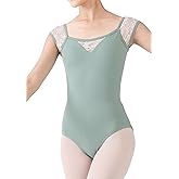 Dance Elite - Calista - Sage Green Dance Leotard with White Floral Lace Short Sleeves for Women