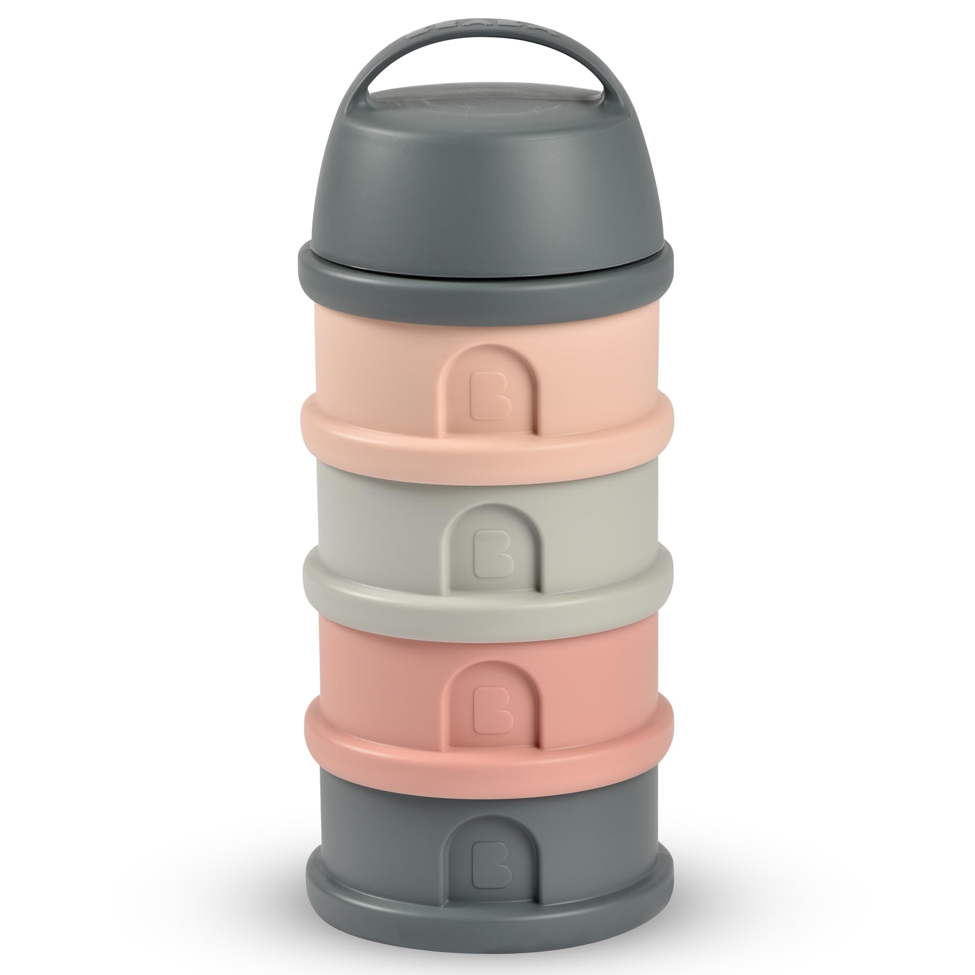 BEABA, Stackable Milk Dispenser, 100% Hermetic, 4 compartments, Made in France, Large Capacity, Evolutive use, Mineral Grey/Pink