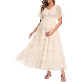 Pinup Fashion Maternity Photoshoot Baby Shower Flutter Sleeve Maxi Dress | Smocked bodice fits growing bump, elegant V-neck tiered tulle, flowing A-line cut, comfy summer pregnancy wear, postpartum