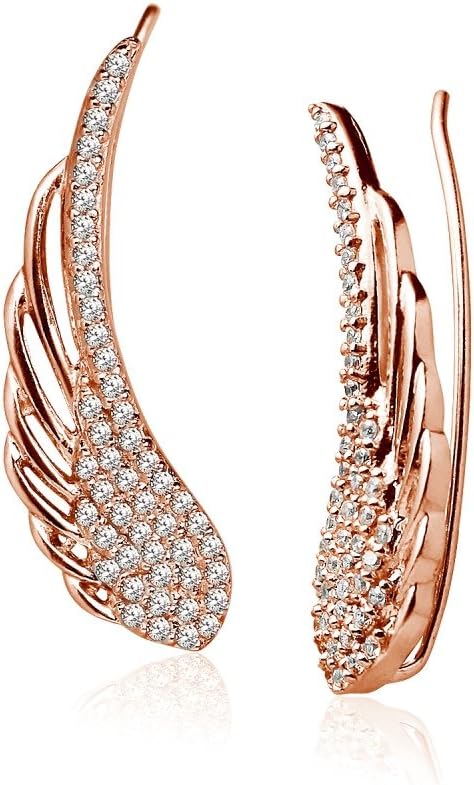 LOVVE Sterling Silver Cubic Zirconia Angel Wings Ear Cuff Crawler Climber Hook Earrings, 3 Options