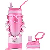 Mininoo Kids Water Bottle for School - 16 oz Stainless Steel Insulated Water Bottle with Ceramic-Lined, Leakproof Straw Lid & Beaded Handle for Girls & Boys