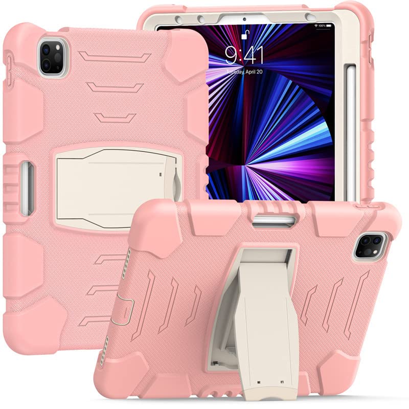 iPad Pro 11 2018/2020/2021 iPad Pro 11 Case with Kickstand, Heavy Duty Hybrid Shockproof Rugged Three Layer Silicone Protective Case for Kids Tablets (Pink)