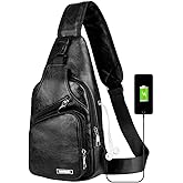 Peicees Leather Sling Bag Mens Crossbody Bag Chest Bag Sling Backpack for Men with USB Charge Port