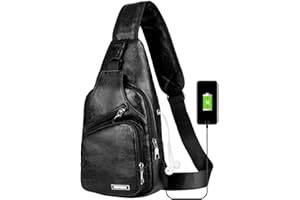 Peicees Leather Sling Bag Mens Crossbody Bag Chest Bag Sling Backpack for Men with USB Charge Port