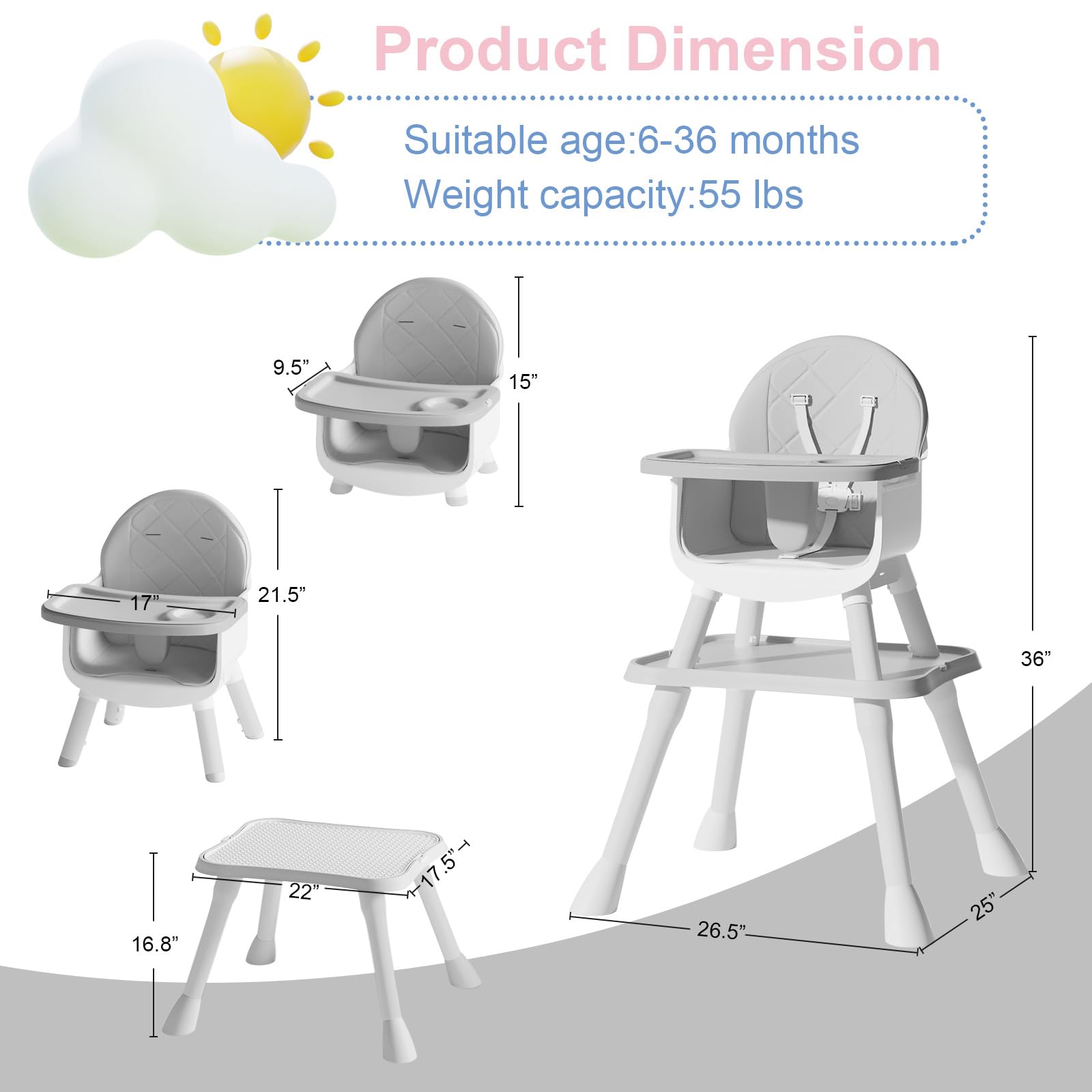 6 in 1 Baby High Chair, Convertible Highchair for Babies and Toddlers (Grey)