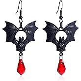 Agriajun Halloween Gothic Black Silver Bat Drop Dangle Earrings for Women, Goth Bats Hook Earings Vampire Costume Accessories Holiday Jewelry Gift