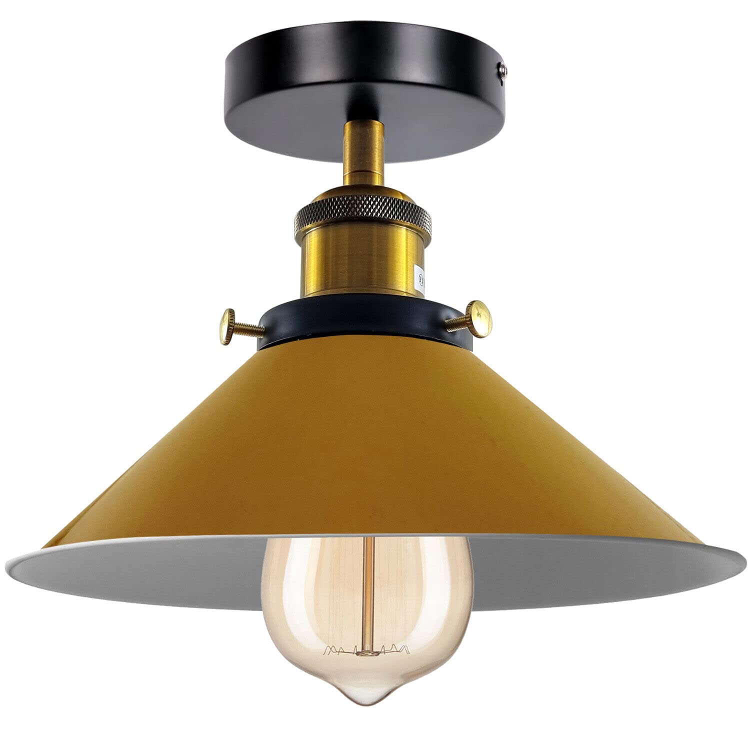 LEDSone Industrial Ceiling Light E27 Vintage Ceiling Lamp 22cm Yellow Conical Lamp Shade Semi-Flush Mount for Living Room, Bedroom, Kitchen with Bulb