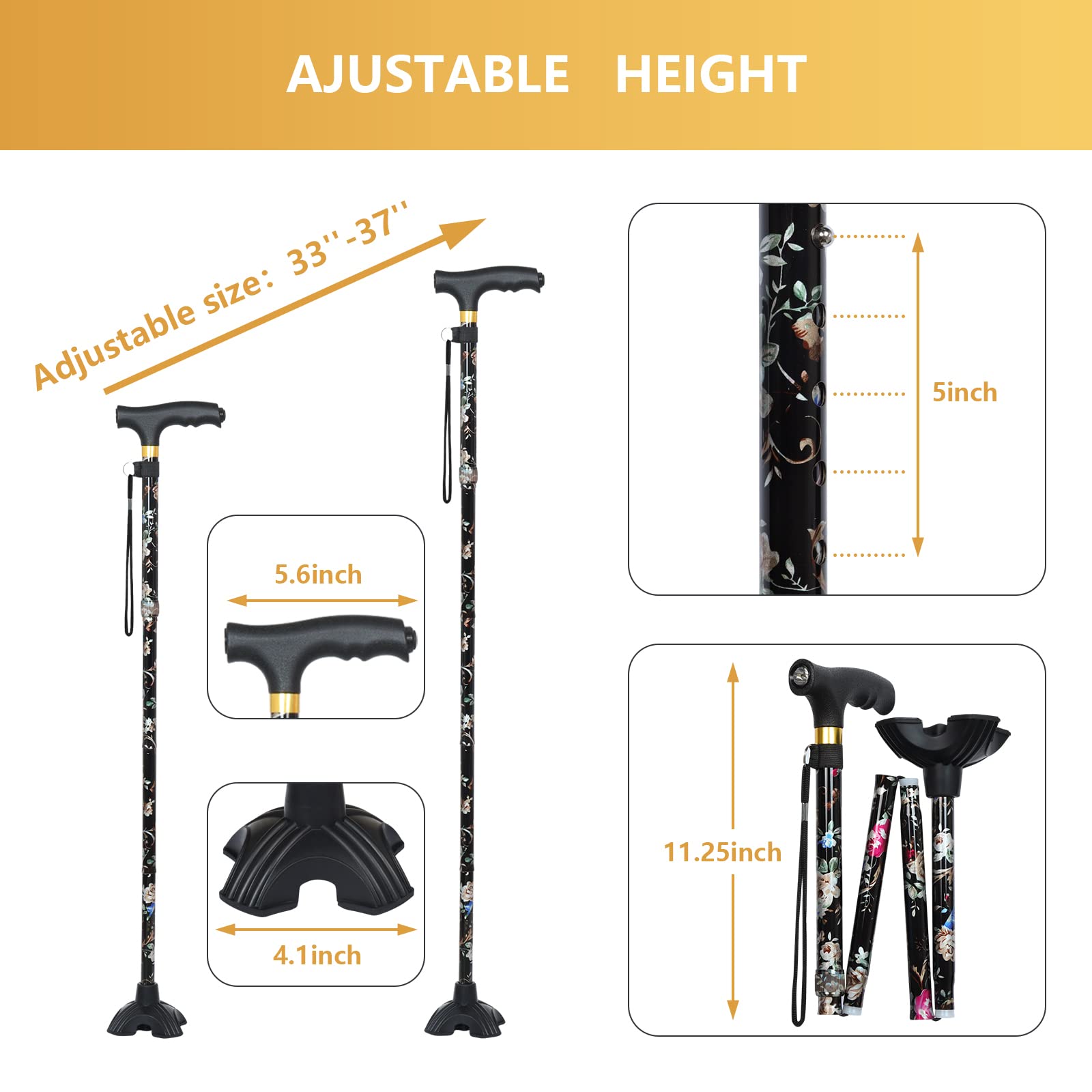 JUNRA Walking Cane with LED Light - Folding, Portable, Collapsible Aluminium Cane for Women and Men - Lightweight and Adjustable Walking Stick for Seniors Balance