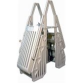 Vinyl Works 24 Inch Double Pool Step Ladder with Gate and Handrails, Taupe | Adjustable Stair Entry System with Safety Gate for Above Ground Swimming Pools, Steps In and Out of the Water
