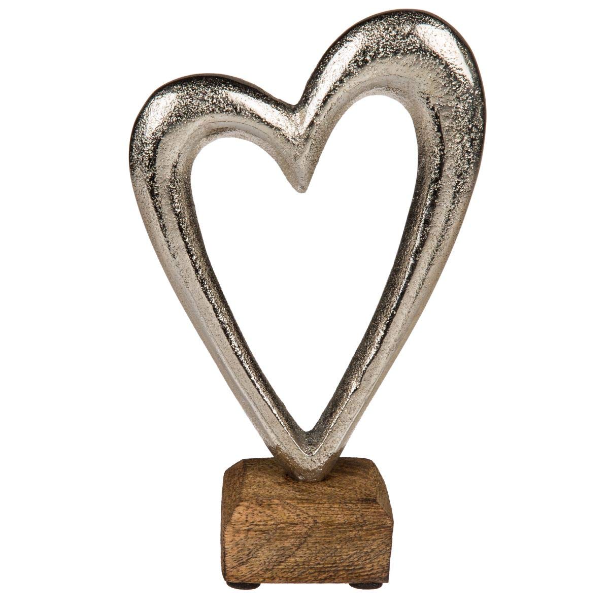 OOTB Metal Heart On Wooden Base, Silver, 17cm