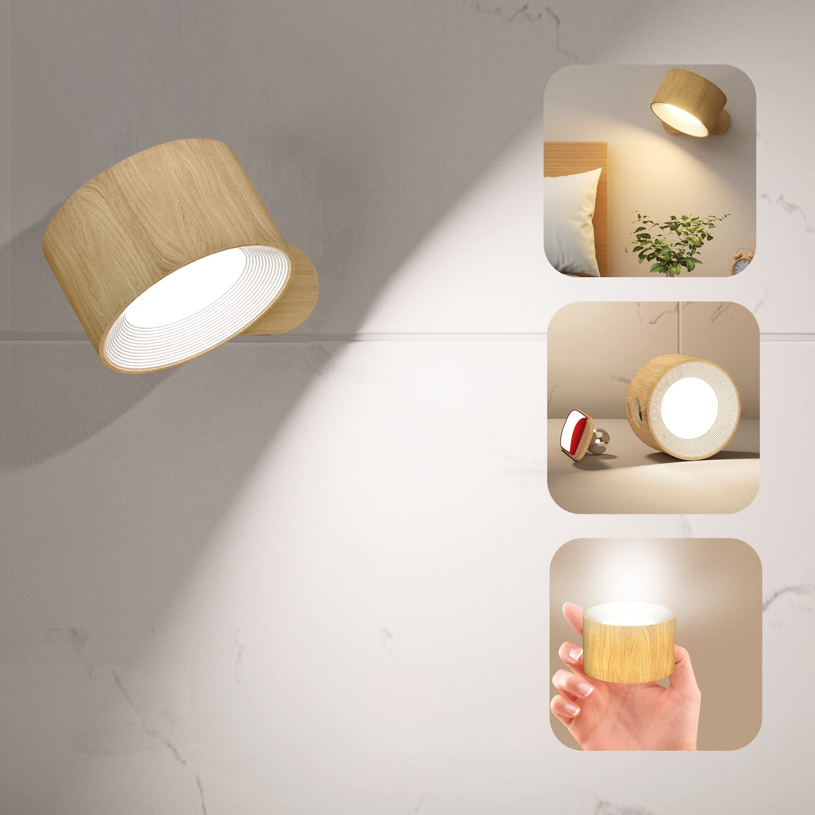 Photo 1 of Deyagoo LED Wall Sconce, Wall Mounted Lamp with Rechargeable Battery Operated USB Port 3 Color Temperature & 3 Brightness Level 360°Rotate Magnetic Ball, Cordless Light for Reading Bedside-Wood