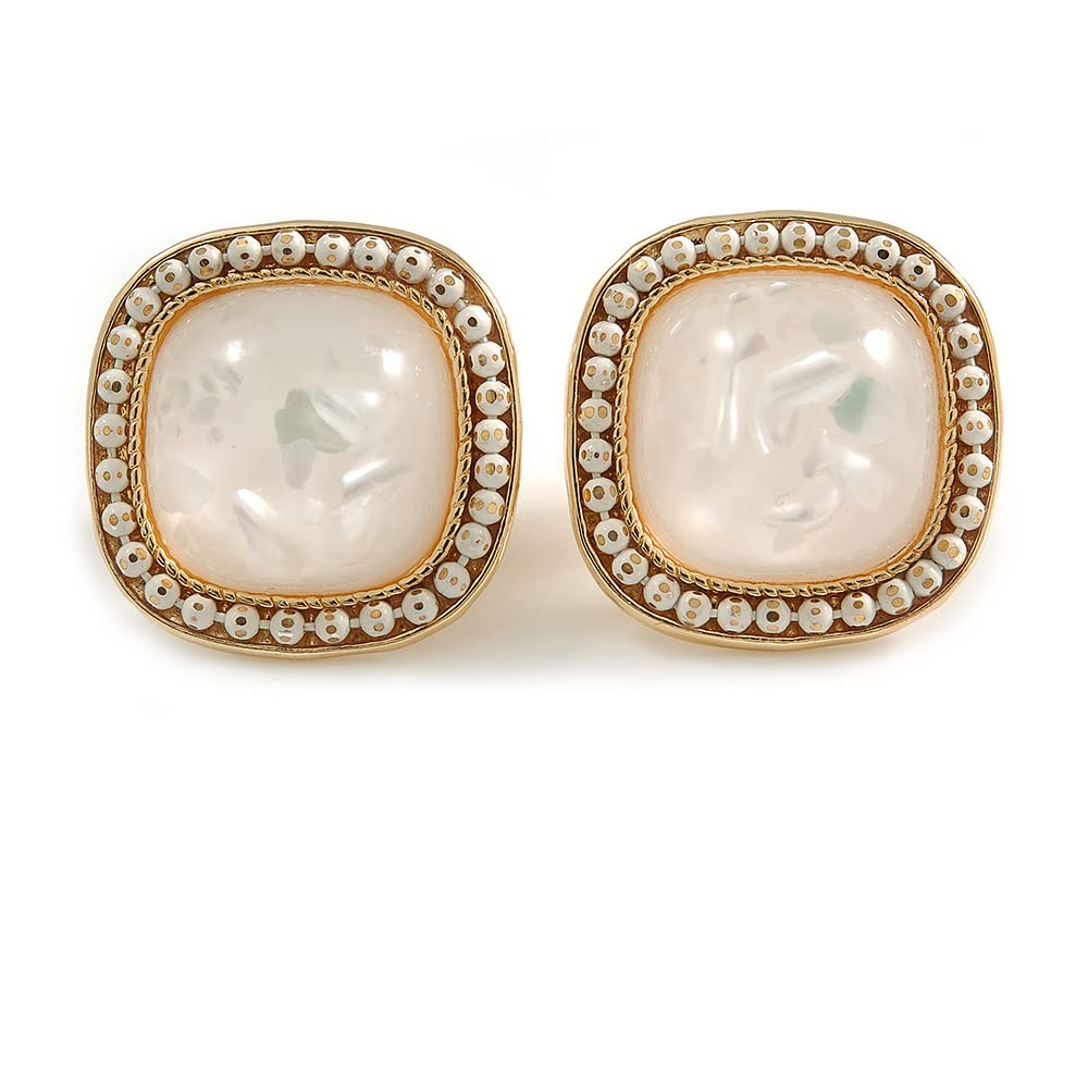 20mm Gold Tone Square White Ceramic Bead Mosaic Resin Stone Clip On Earrings