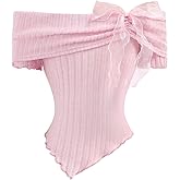 SHENHE Girl's Off Shoulder Bow Shirt Ribbed Knit Short Sleeve Asymmetrical Fitted Tee Top