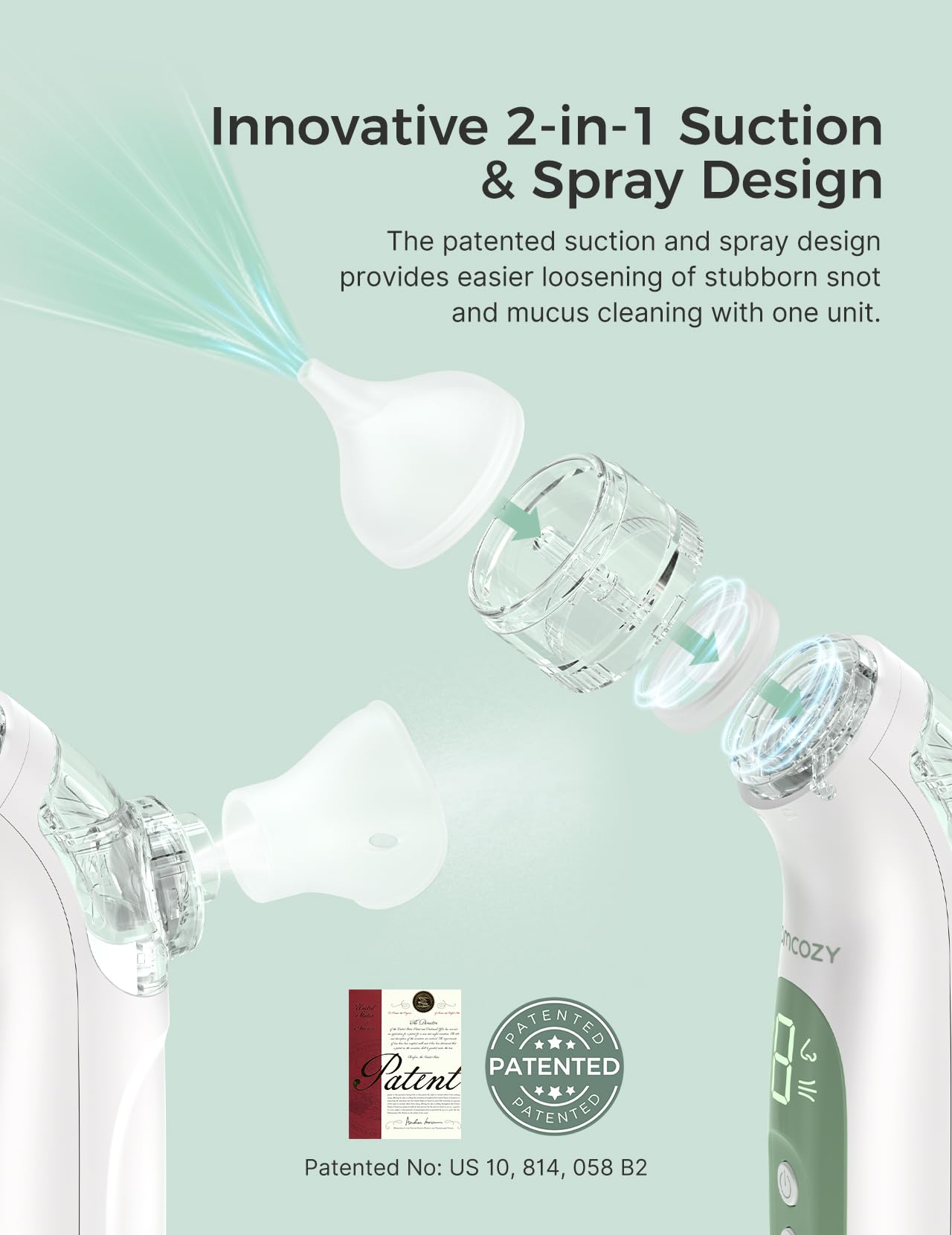 Momcozy BreezyClear™ 2-in-1 Electric Nasal Aspirator for Baby with Spray, 65kPa Hospital-Grade Suction, 4 Adjustable Levels, Quiet & Portable Nose Cleaner with Soothing Light & Music