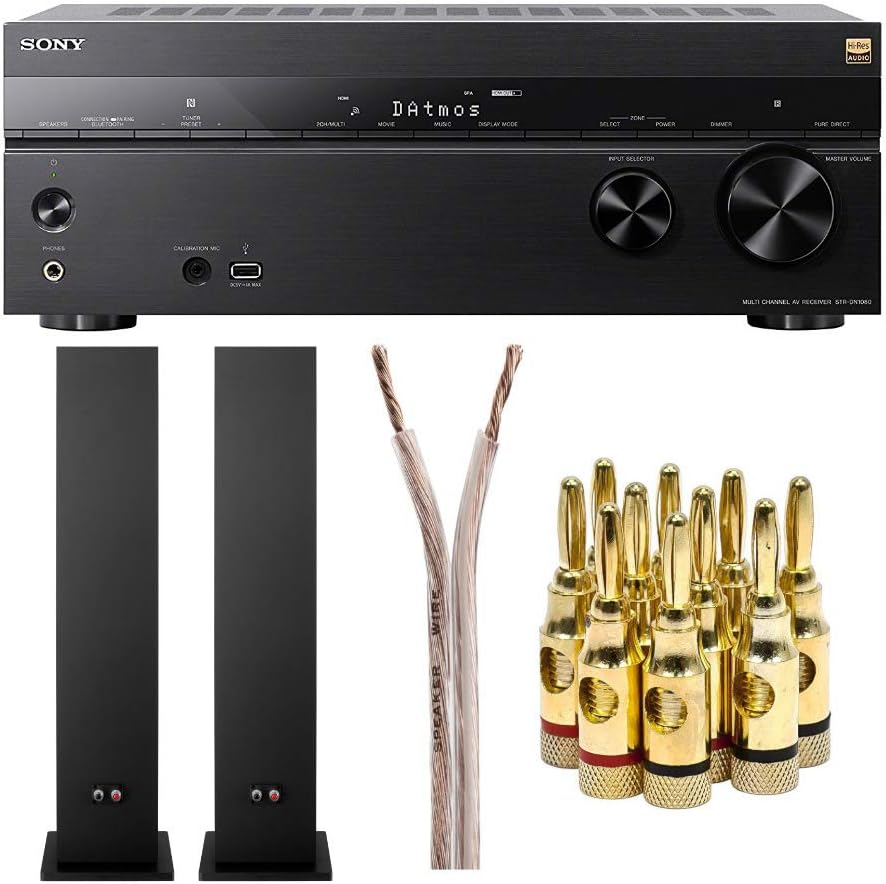 Sony STR-DN1080 7.2-Channel Surround Sound Home Theater AV Receiver with Two SSCS3 Stereo Floor-Standing Speakers and Cables Bundle (5 Items)