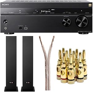Sony STR-DN1080 7.2-Channel Surround Sound Home Theater AV Receiver with Two SSCS3 Stereo Floor-Standing Speakers and Cables Bundle (5 Items)