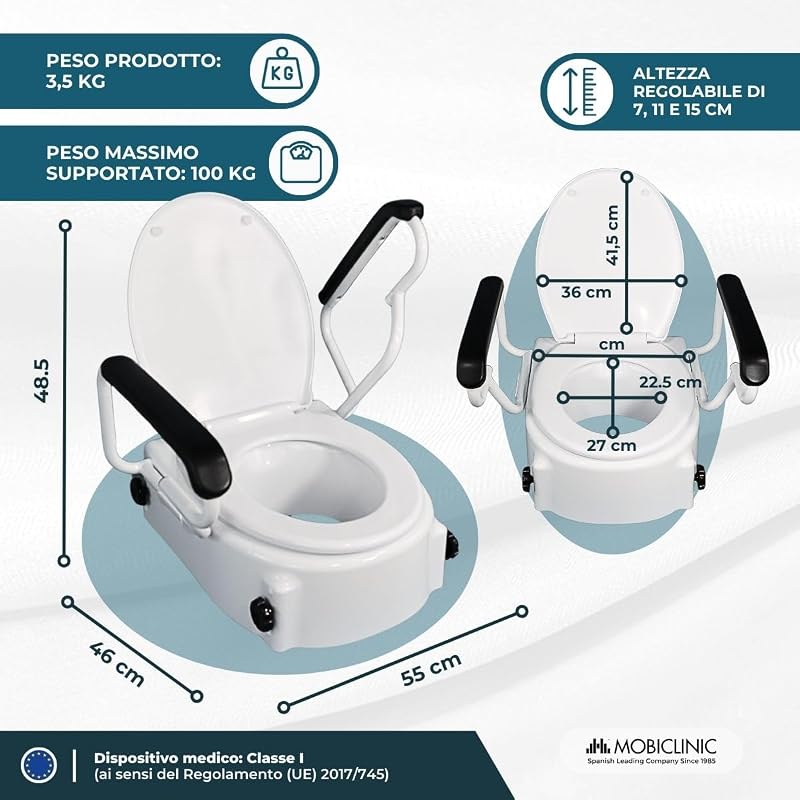 ®, Rialzo per wc Anziani, Tajo, Braccioli pieghevoli, Persone disabili, Coperchio, Regolabile in 3 altezze, Bidet, Inclinabile, Ausili, Bianco