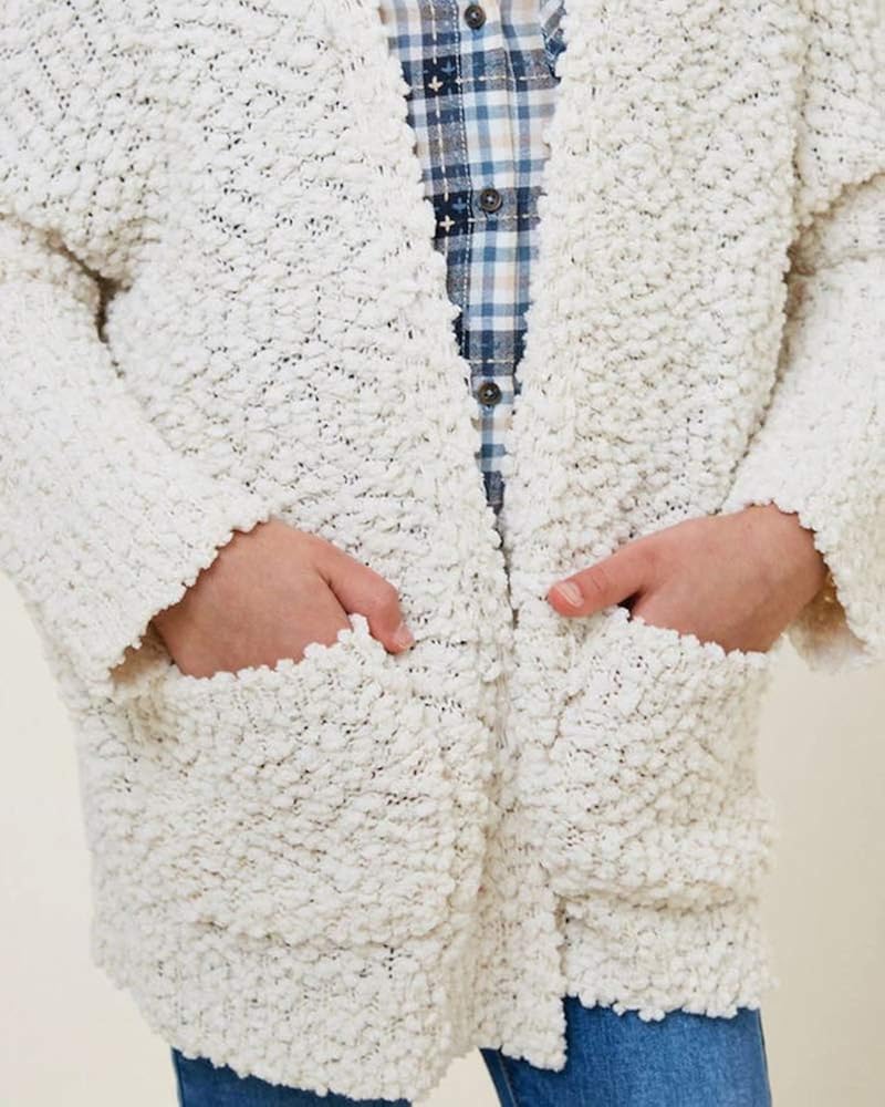 Batermoon Girls Open Front Cardigan Popcorn Knit Long Sleeve Casual Sweaters Coat with Pockets: Clothing