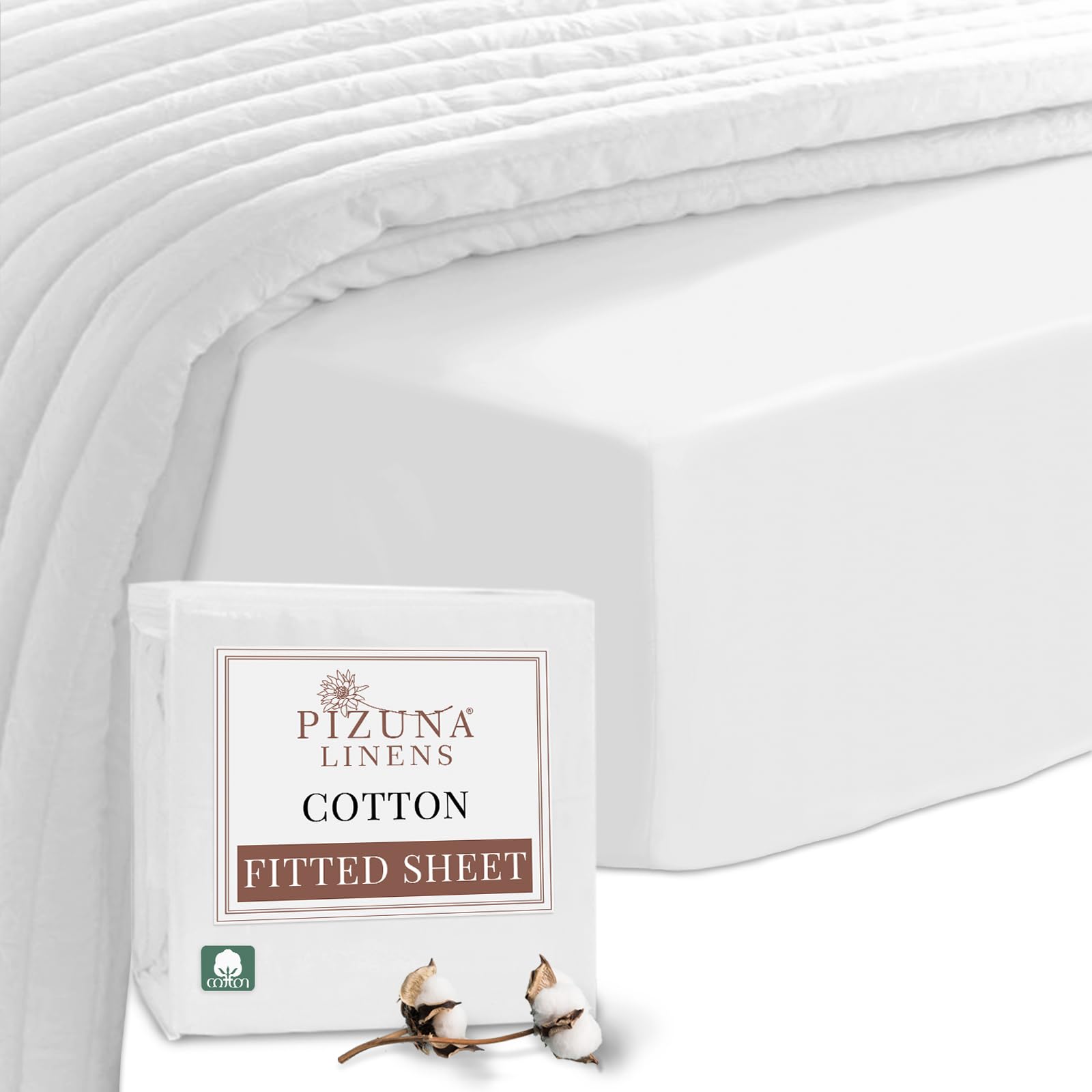 Pizuna 100% Cotton EU Single Fitted Sheet White, 400 Thread Count Long Staple Cotton Fitted Sheet Single Bed 100 X 200cm, Sateen Weave Cooling Fitted Sheet Extra Deep 40 cm 1 PC White