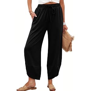 KISSMODA Womens Wide Leg Barrel Pants Casual Palazzo Capri Pants Summer High Waisted Cropped Beach Trousers with Pockets