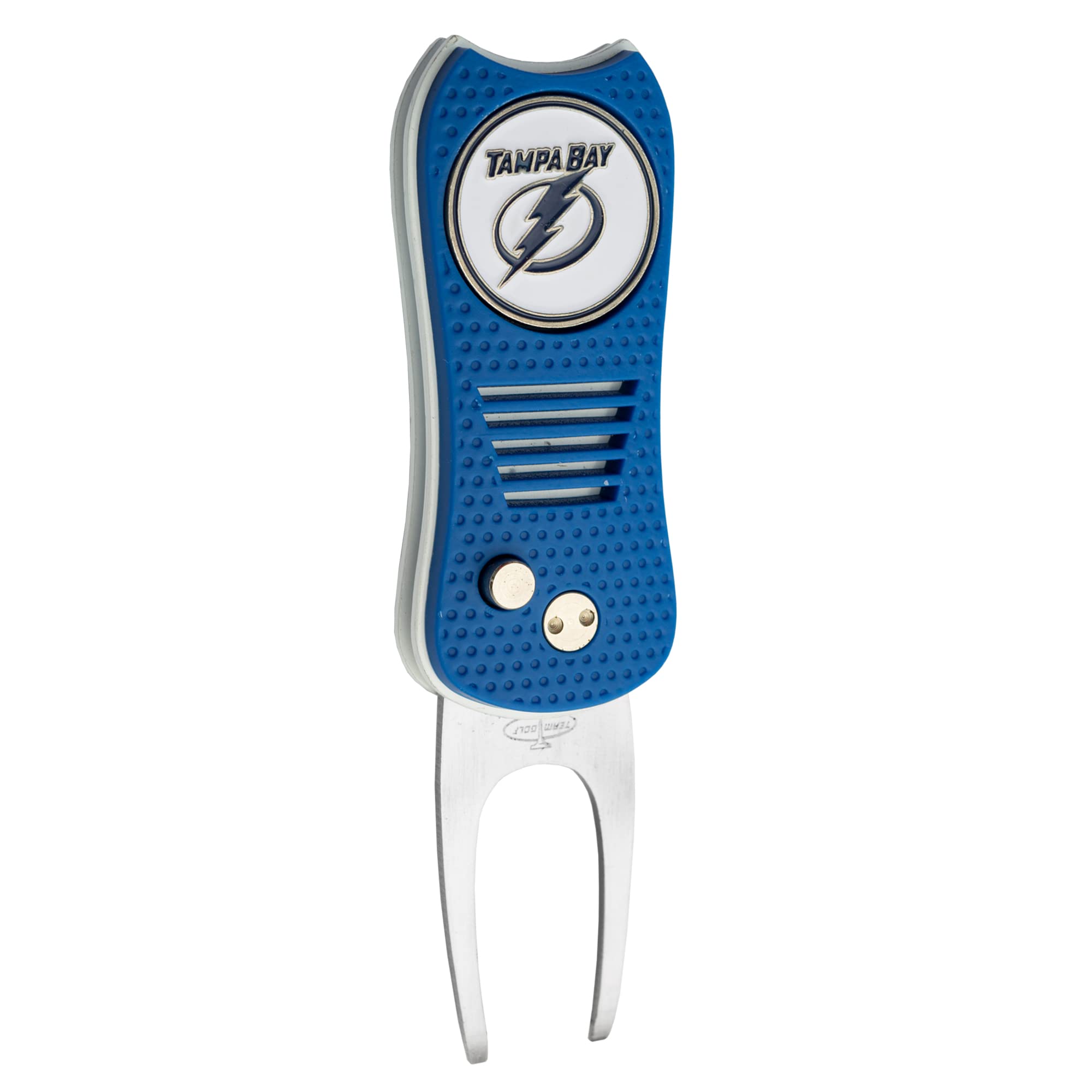 Team Golf NHL Tampa Bay Lightning Switchblade Divot Tool with Double-Sided Magnetic Ball Marker, Features Patented Single Prong Design, Causes Less Damage to Greens, Switchblade Mechanism