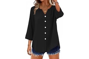 WIHOLL Button Down Shirts Womens 3/4 Sleeve Tops V Neck Business Blouses Beach Vacation Outfits Clothing Trendy 2026