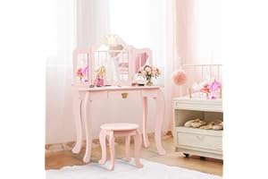 HONEY JOY Kids Vanity, Crown Themed Toddler Dressing Makeup Table and Chair Set w/Drawer & Tri-Folding Mirror, Detachable Mirror, Princess Pretend Play Girls Vanity Set with Mirror and Stool(Pink)
