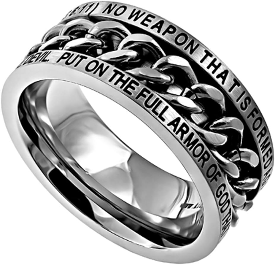 Isaiah 54:17 Ring and Armor of God Christian Bible Verse, Stainless Steel Spinner Chain