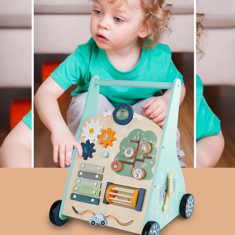 Wooden Baby Walker, Montessori Walker for Boys and Girls, Baby Push Walkers with Wheels, Learning Walking Toys for Toddlers from Sitting to Standing, Kid's Multi Activity Center