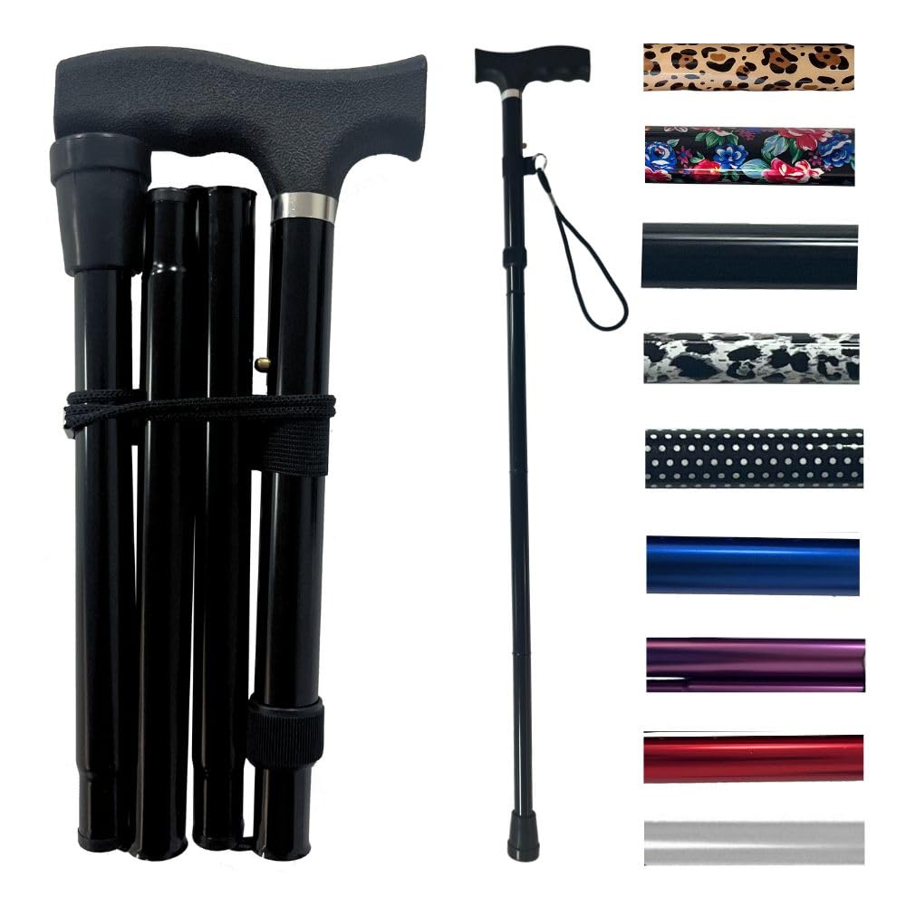 Life Healthcare Folding Walking Stick–Adjustable Height Lightweight Aluminium Cane for Elderly Disabled Men & Women–Non-Slip Rubber Tip Ergonomic Handle & Travel-Friendly Design (Black)