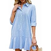 YEXPINE Women‘s Tunic Shirt Mini Dress Long Sleeve Cotton Short Dress Button Up Ruffle Hem Shift Dresses
