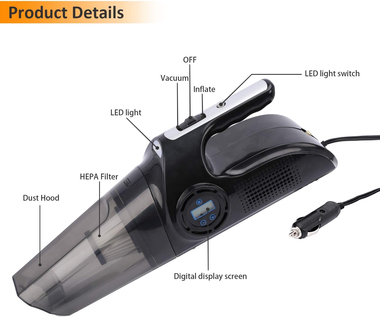 Qukpa 4 in 1Portable Car Vacuum Cleaner Air Compressor Tire Inflator with Digital Tire Pressure Gauge LCD Display DC12V High Power 6000PA Handheld Car Vacuum with LED Light for Wet and Dry Use: Automotive