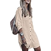 Bsubseach Womens Long Sleeve Linen Swimsuit Cover Up Button Down Beach Cover Ups Summer Swim Shirt Dresses