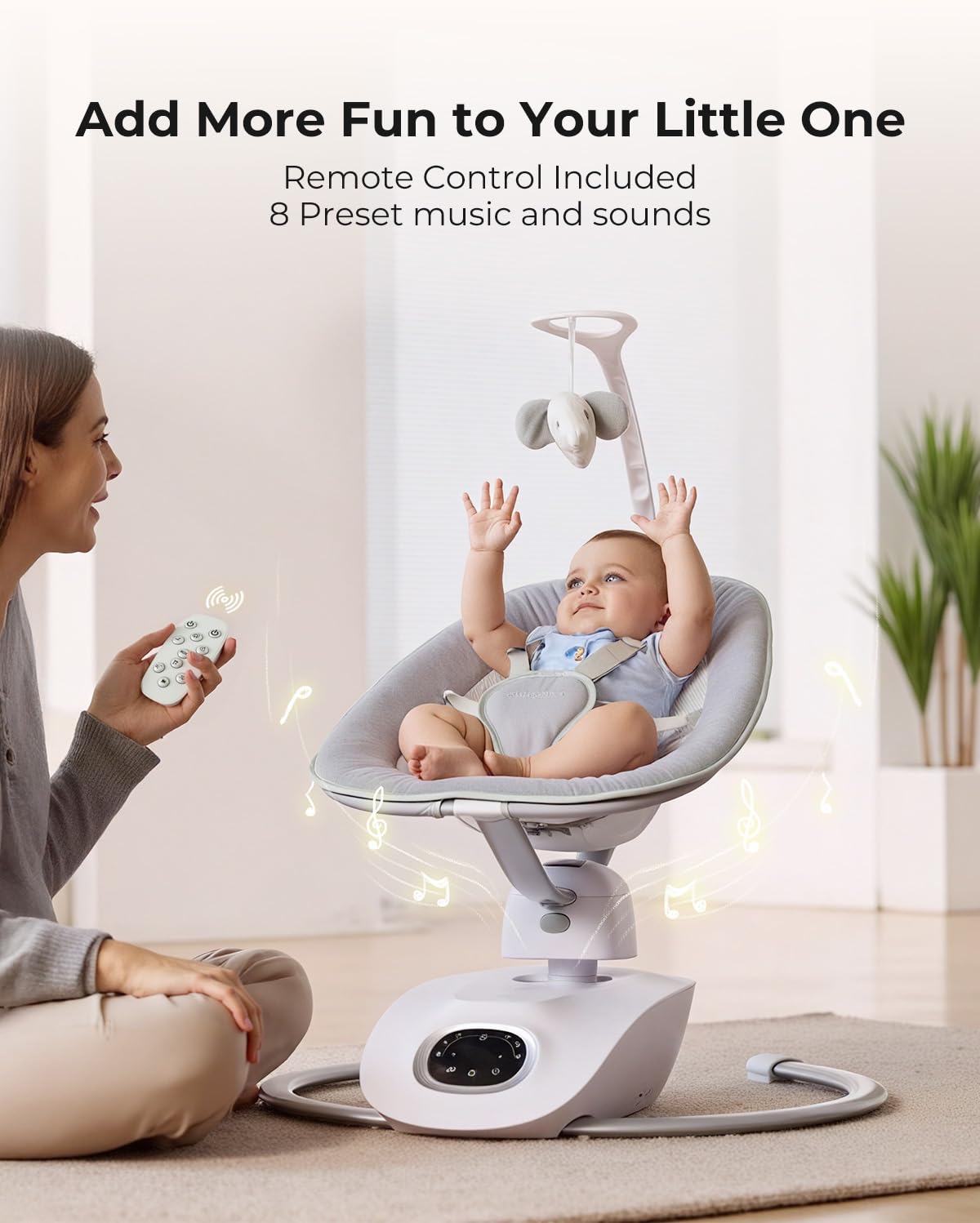 Momcozy CocoSway 3D-Motion Baby Swing for Infants to Toddlers, 6 Motion Modes & 4 Speeds, 180° Rotating Seat, Remote Control, Reclining Seat with 5-Point Harness, 8 Preset Lullabies, Grey