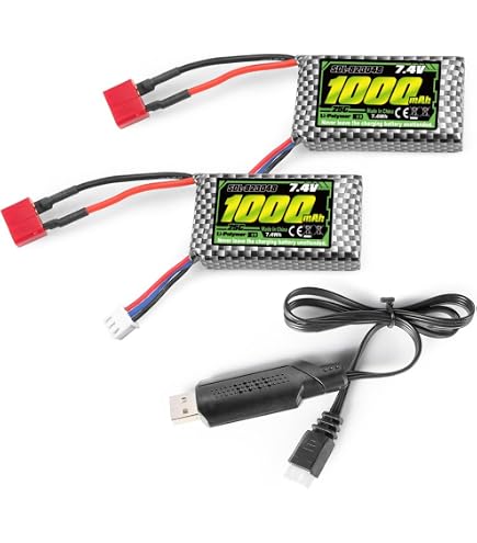 Pack 2 Batteries LiPo 7.4V 1100mAh 30C + Chargeur 2 En 1 - Pour Voitures RC 1/10, 1/12, 1/16 - Compatible HBX, DEERC, HAIBOXING, Hosim