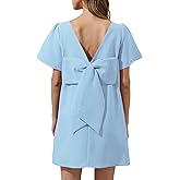 Kedera Women's Casual Mini Bow Crew Neck Short Sleeves Loose Dresses Swing Solid Shift Dress with Pockets