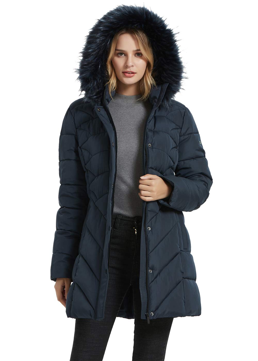Photo 1 of BINACL Women's Long Winter Thermo Down Alternative Coat, Stylish Quilted Tennis Windproof Snowboard Long Fur Hooded Athletic Thickened 100% Polyester Thigh-Length Jacket with Sweatshirt Bib(Navy,L)