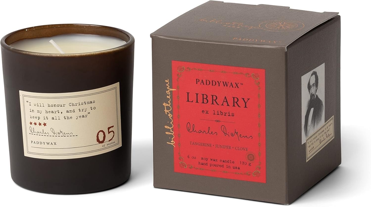 Paddywax Scented Candles Library Charles Dickens Luxury Artisan Candle, 6.5-Ounce, Tangerine, Juniper & Clove