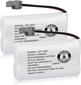 iMah BT1007 2.4V 500mAh Cordless Phone Battery Compatible with Uniden D1484 DCX150 DECT1500 BT-1015 Panasonic HHR-P506 HHR-P506A Handset Telephone, Pack of 2