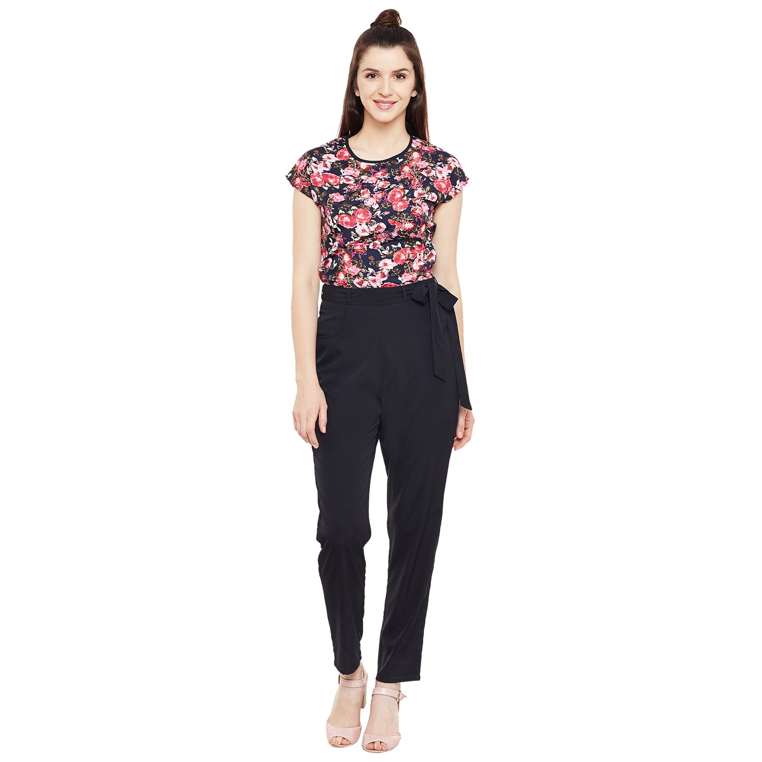 florrie fusion women's black crepe designer floral long length jumpsuit
