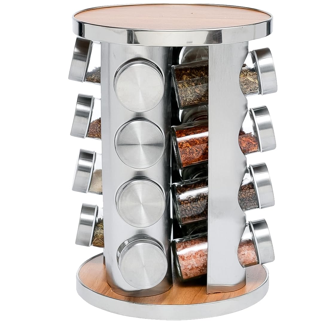 Rotating Spice Rack with 16 Glass Jars – Stainless Steel & Wood Carousel Organizer for Kitchen Counter, Pantry, Herbs & Seasonings