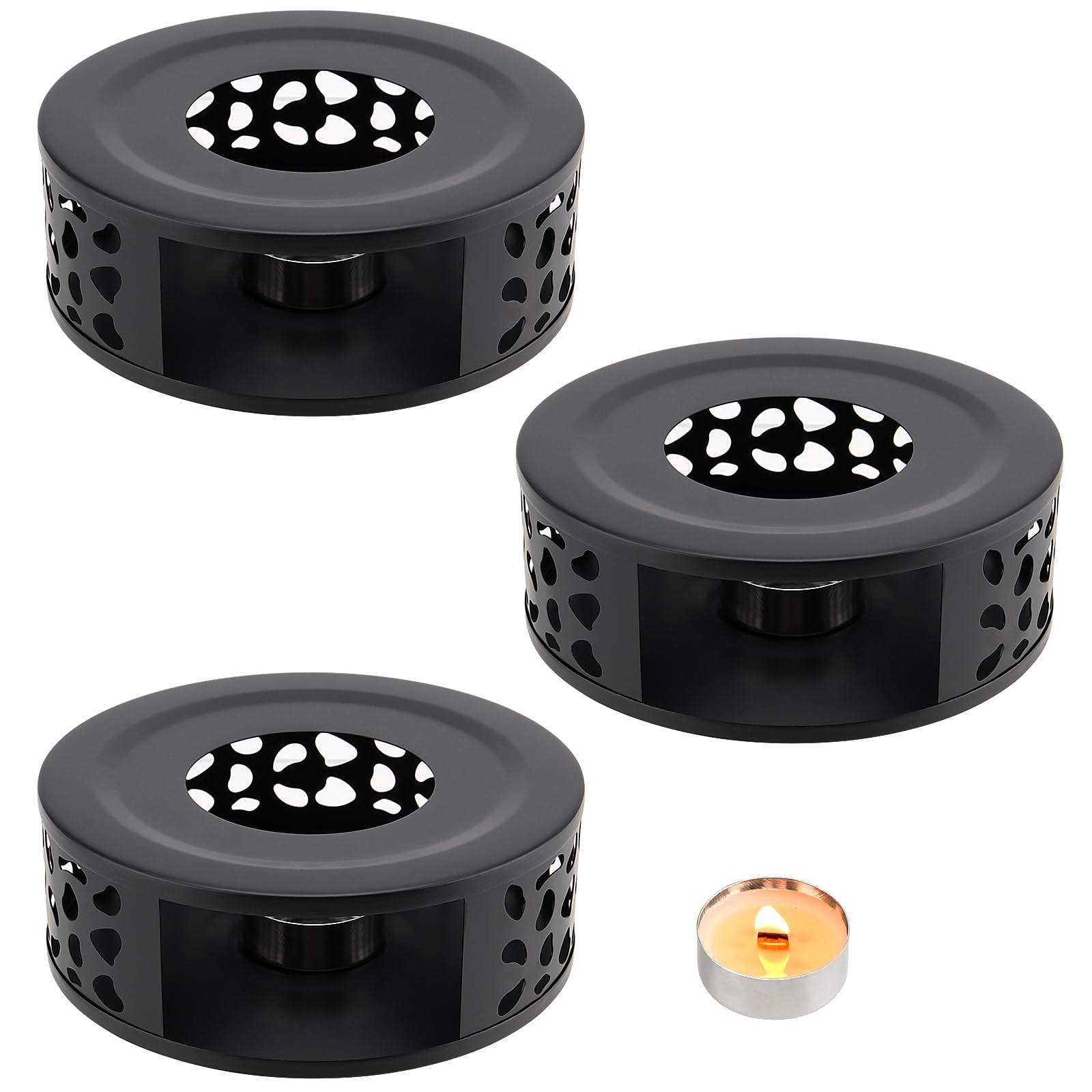 DAKFOOK 3 Pack 15cm Stainless Steel Teapot Warmer with Tealight Holder and Hollow Frame Design, Stainless Warmer Base Coffee Warmer Base for Tea Sets Coffee and Other Heatproof Dish, Black